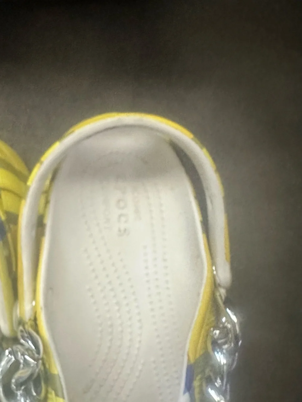 CROCS Yellow Plaid Clogs with Silver Chain Accent